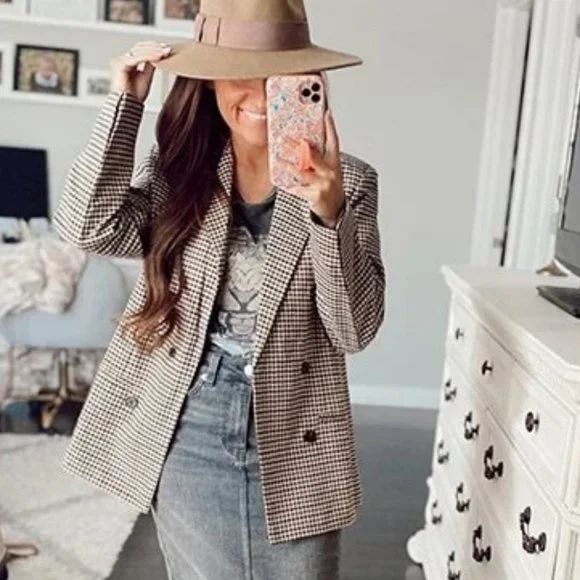 Plaid Print Double Breasted Lapel Collar Blazer work professional Business Chic - Picture 3 of 16